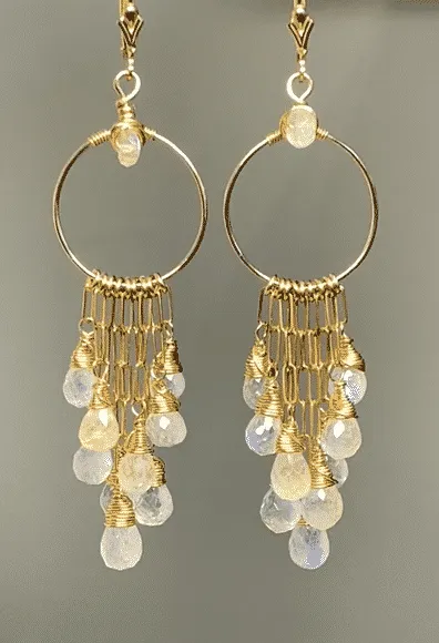 Rainbow Moonstone Gold Hoop Chandelier Earrings