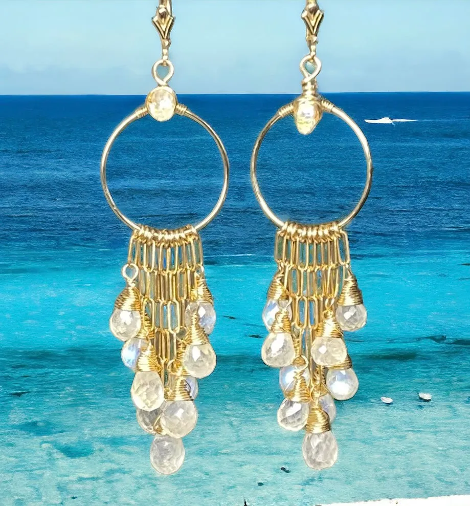 Rainbow Moonstone Gold Hoop Chandelier Earrings