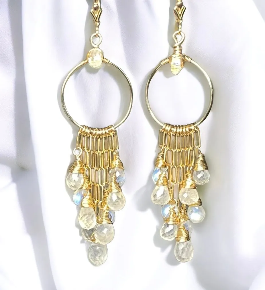 Rainbow Moonstone Gold Hoop Chandelier Earrings