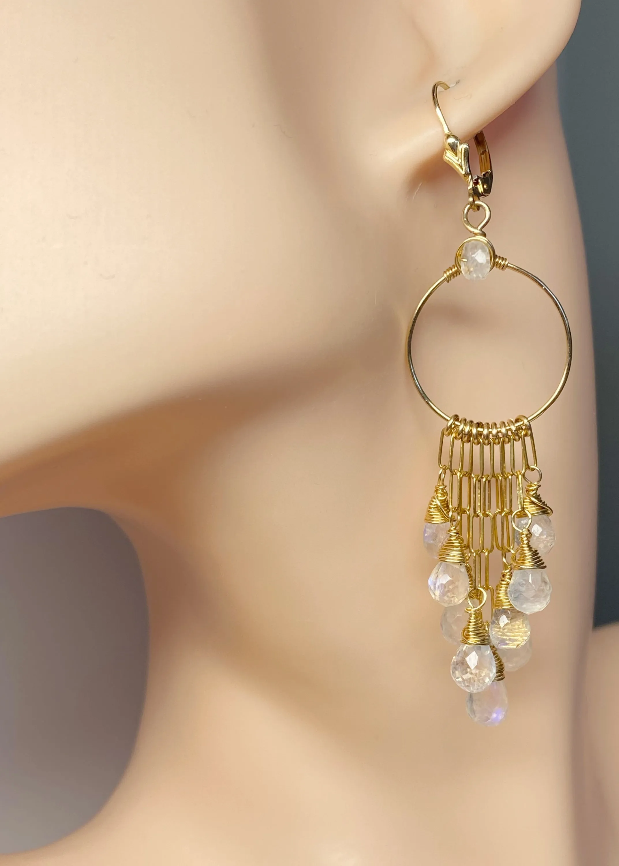 Rainbow Moonstone Gold Hoop Chandelier Earrings