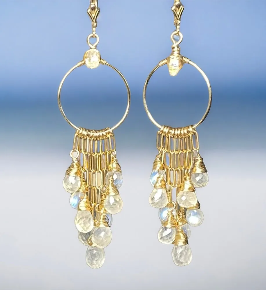 Rainbow Moonstone Gold Hoop Chandelier Earrings