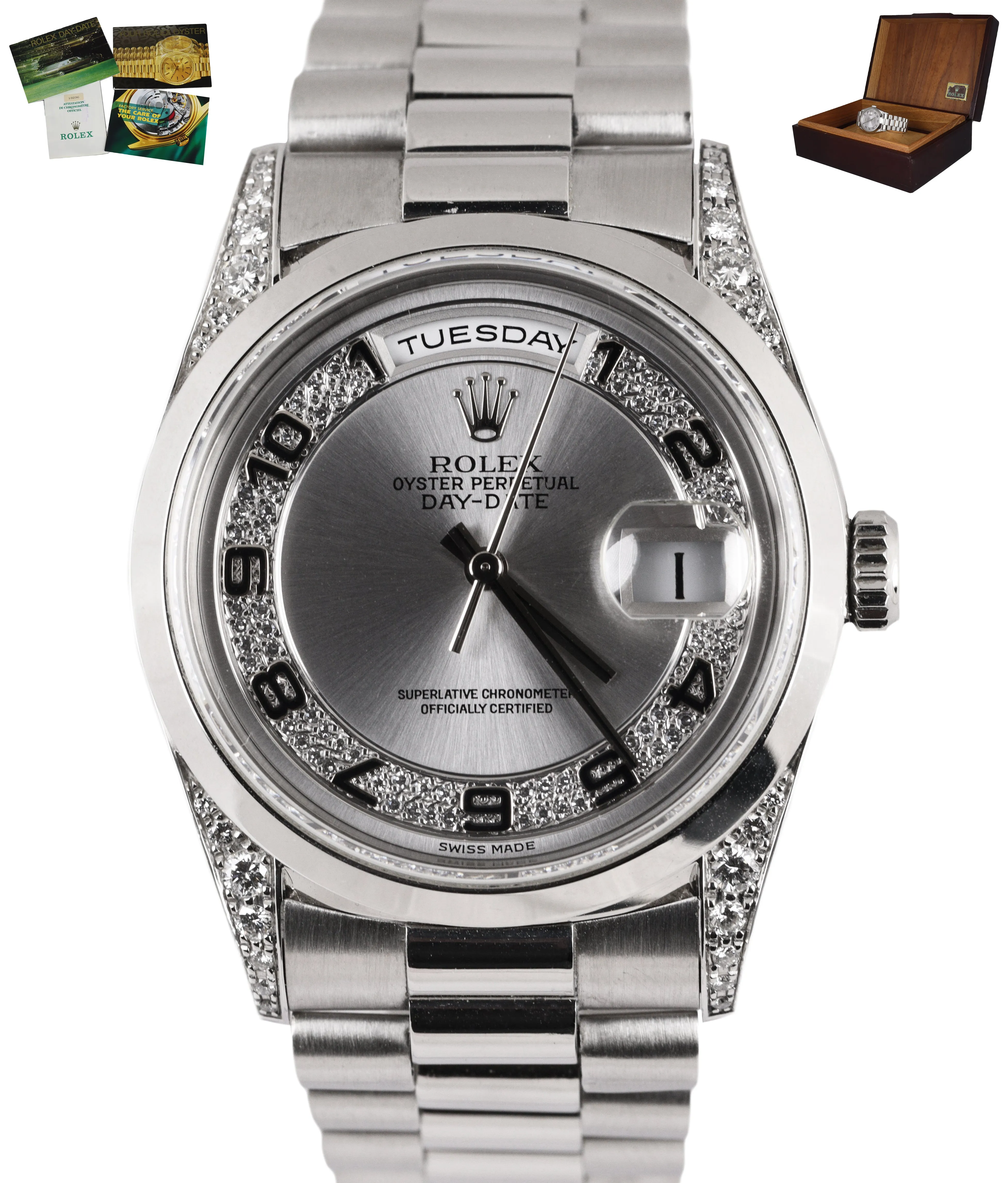 RARE 1997 Rolex Day-Date President Platinum Diamond Lugs 18296 FULL SET 36mm