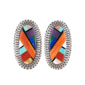 Ray Jack Navajo Sterling multi-stone intarsia inlay clip-on earrings