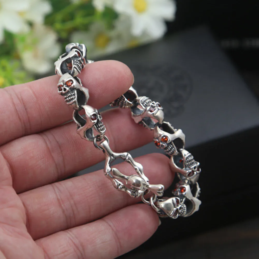 Real Solid 925 Sterling Silver Bracelet Link Chain Skulls Cubic Zirconia Punk Jewelry 7.5"