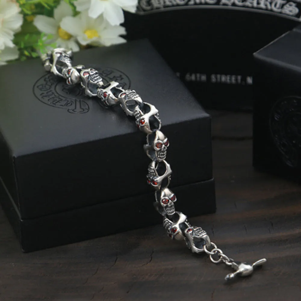 Real Solid 925 Sterling Silver Bracelet Link Chain Skulls Cubic Zirconia Punk Jewelry 7.5"