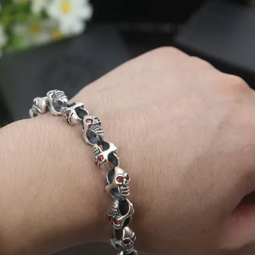 Real Solid 925 Sterling Silver Bracelet Link Chain Skulls Cubic Zirconia Punk Jewelry 7.5"