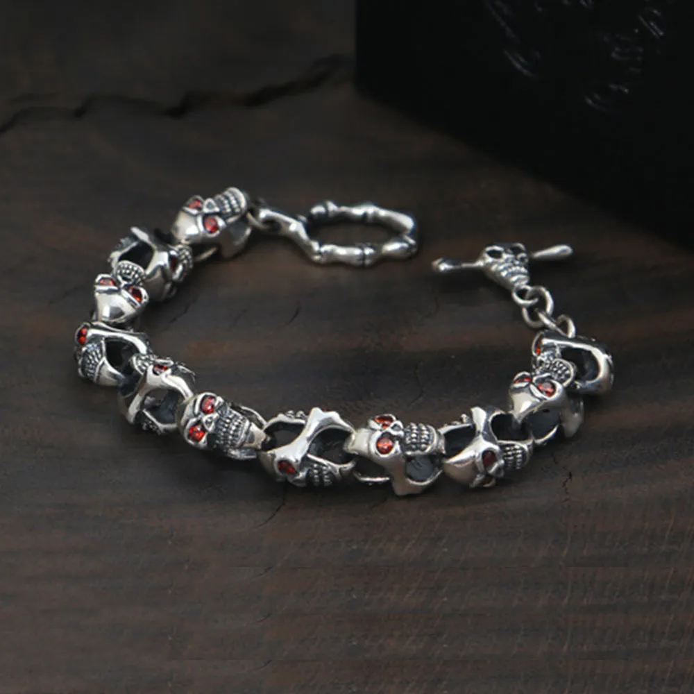 Real Solid 925 Sterling Silver Bracelet Link Chain Skulls Cubic Zirconia Punk Jewelry 7.5"