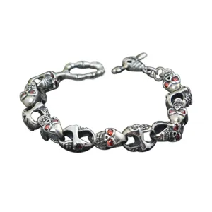 Real Solid 925 Sterling Silver Bracelet Link Chain Skulls Cubic Zirconia Punk Jewelry 7.5"