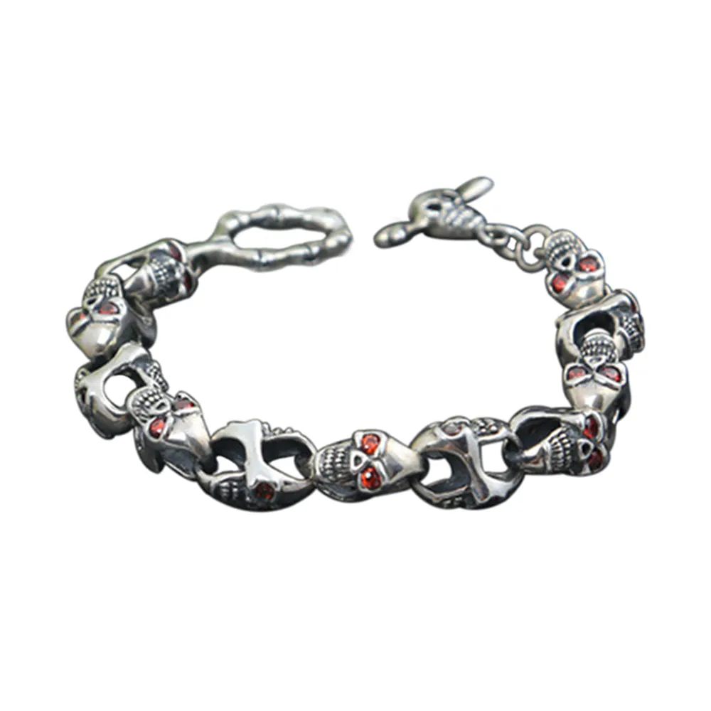 Real Solid 925 Sterling Silver Bracelet Link Chain Skulls Cubic Zirconia Punk Jewelry 7.5"