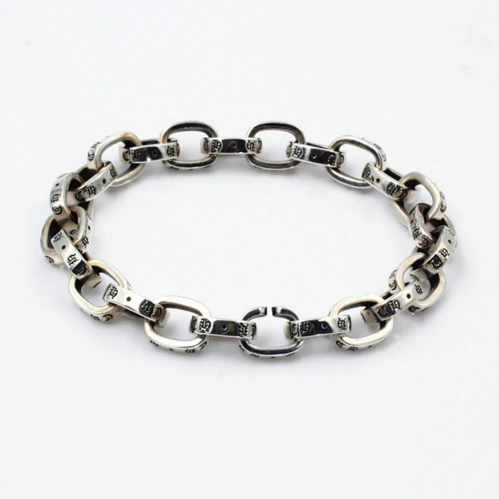 Real Solid 925 Sterling Silver Bracelets Oval Link Lettering Punk Jewelry 7.9"