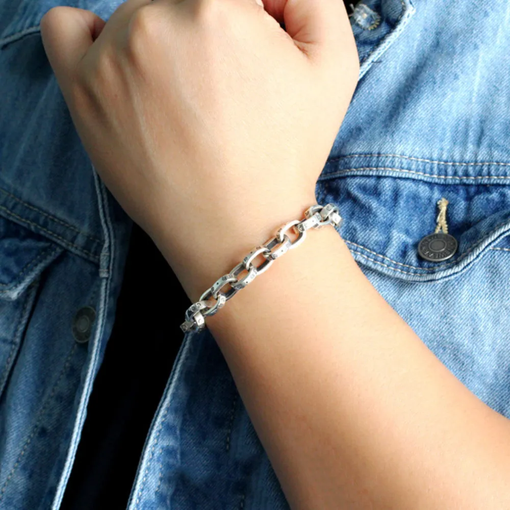 Real Solid 925 Sterling Silver Bracelets Oval Link Lettering Punk Jewelry 7.9"