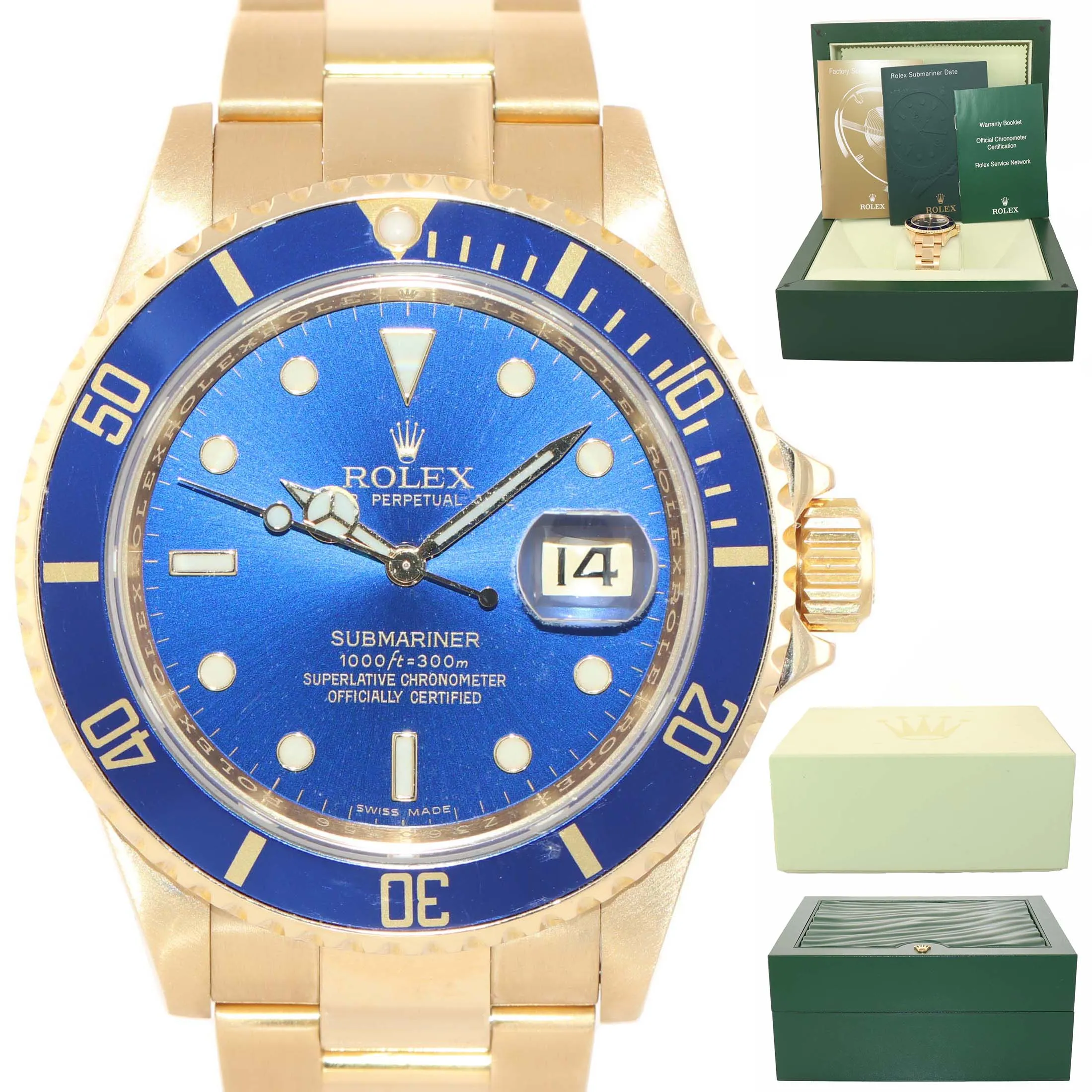 REHAUT MINT 2007 Rolex 16618 Submariner 18K Yellow Gold Blue Sunburst Dial Watch