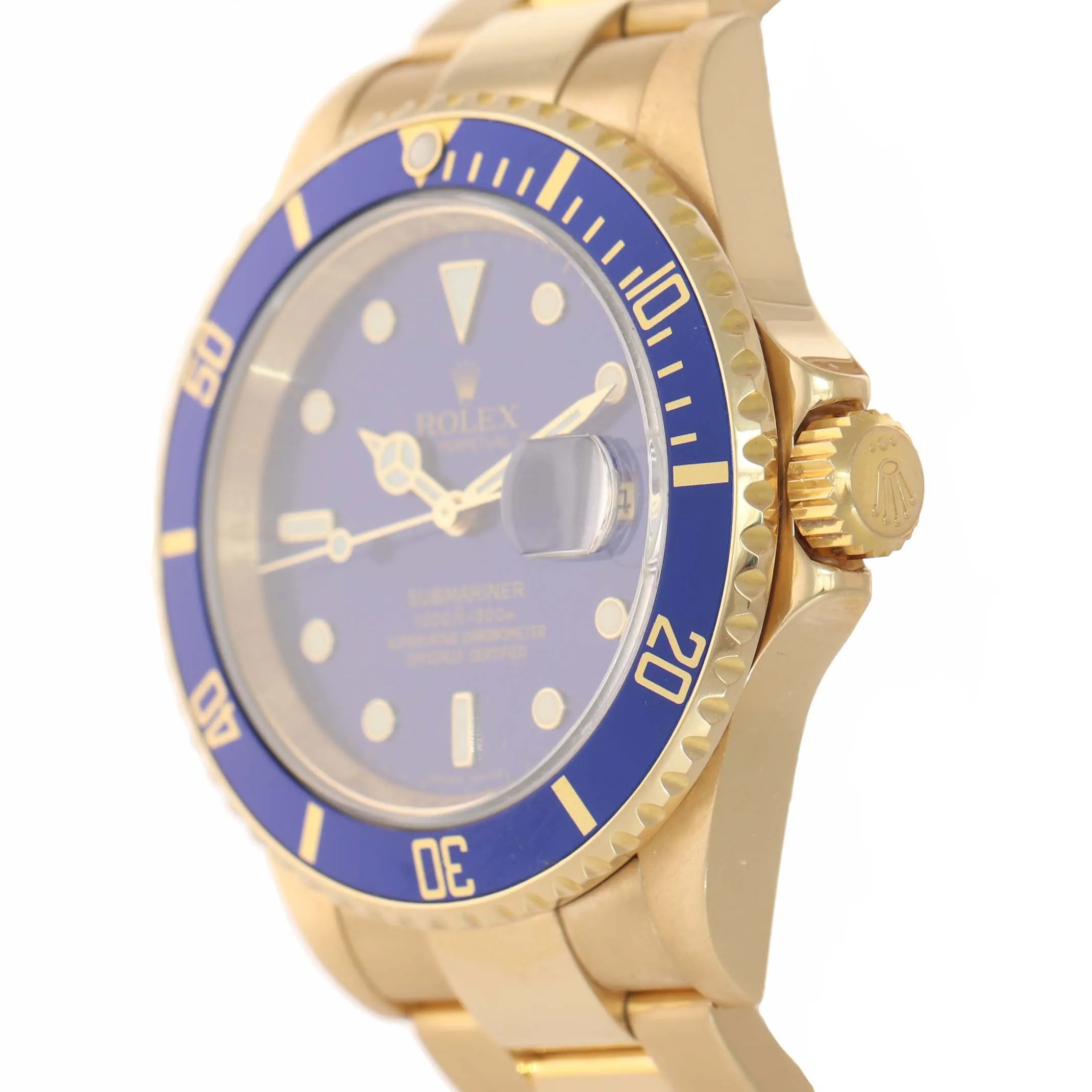REHAUT MINT 2007 Rolex 16618 Submariner 18K Yellow Gold Blue Sunburst Dial Watch