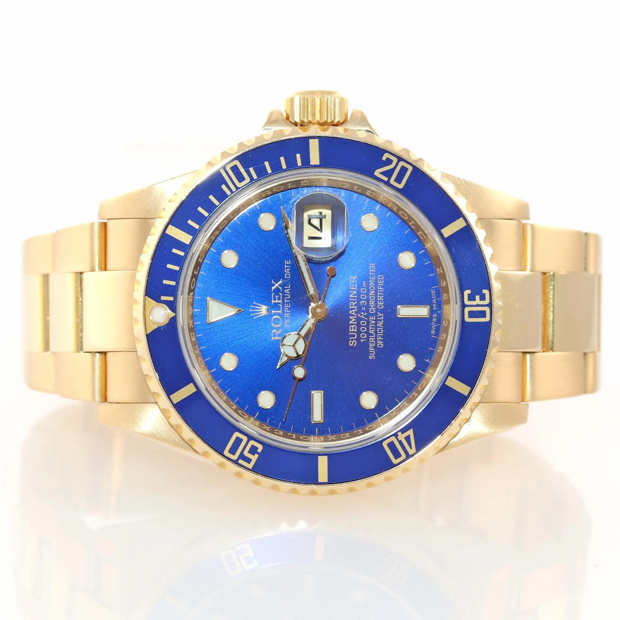 REHAUT MINT 2007 Rolex 16618 Submariner 18K Yellow Gold Blue Sunburst Dial Watch