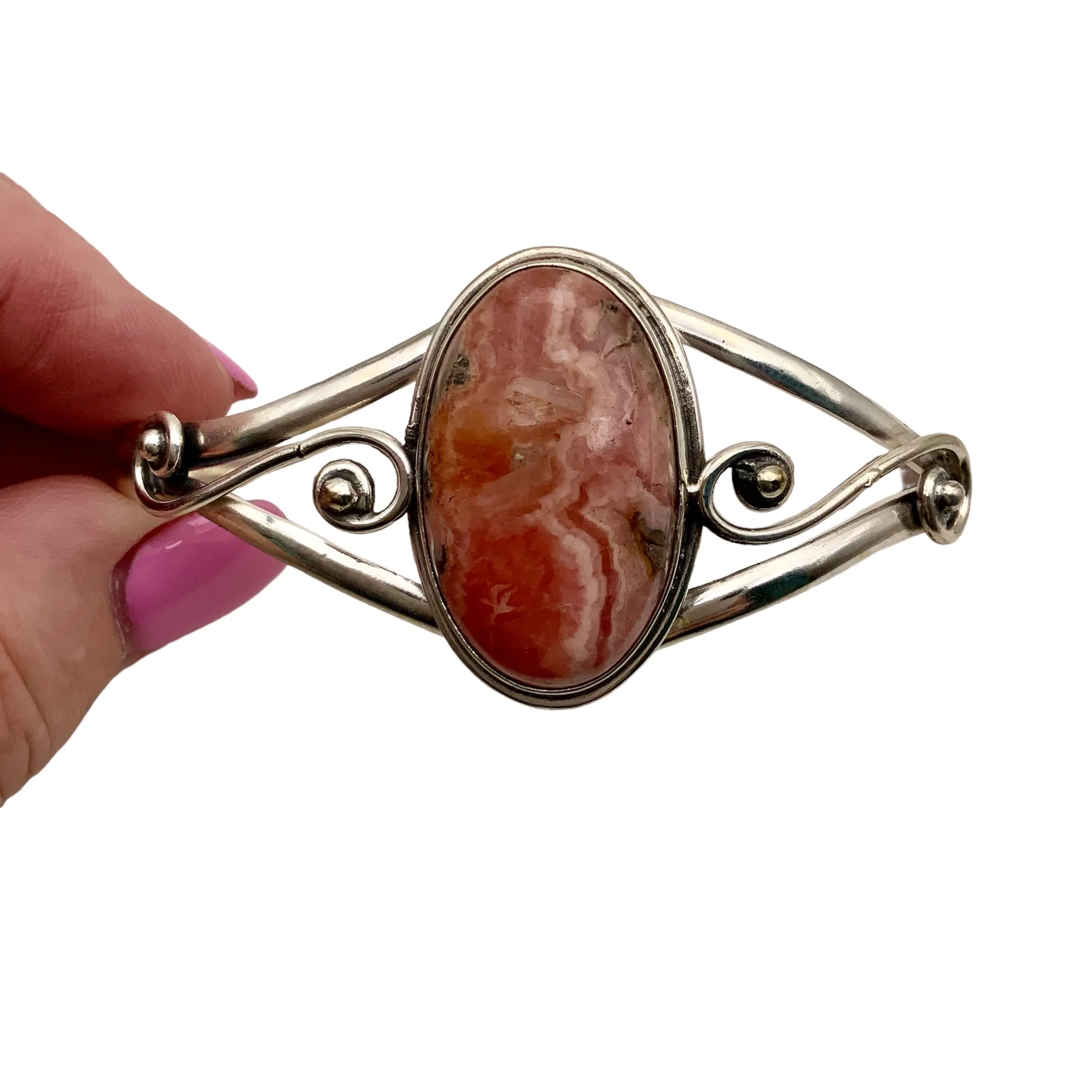 Rhodochrosite Solid 925 Sterling Silver Cuff Bracelet