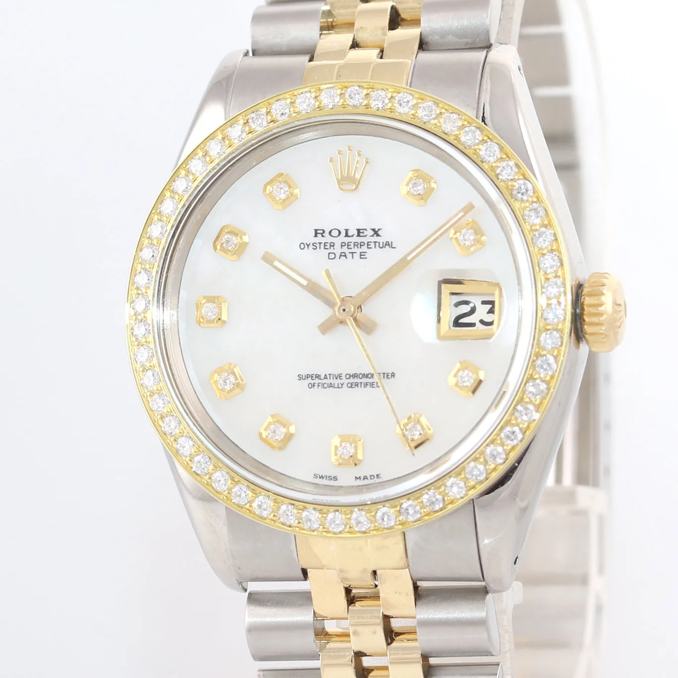 Rolex Date 15000 MOP Diamond two tone Gold Bezel 34mm Jubilee Watch