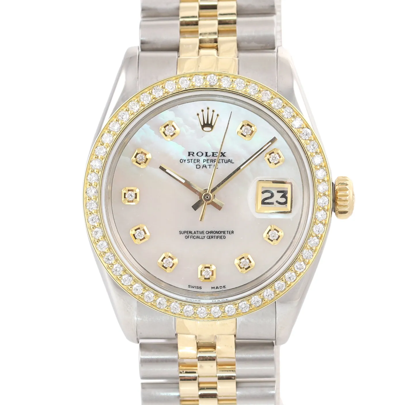 Rolex Date 15000 MOP Diamond two tone Gold Bezel 34mm Jubilee Watch