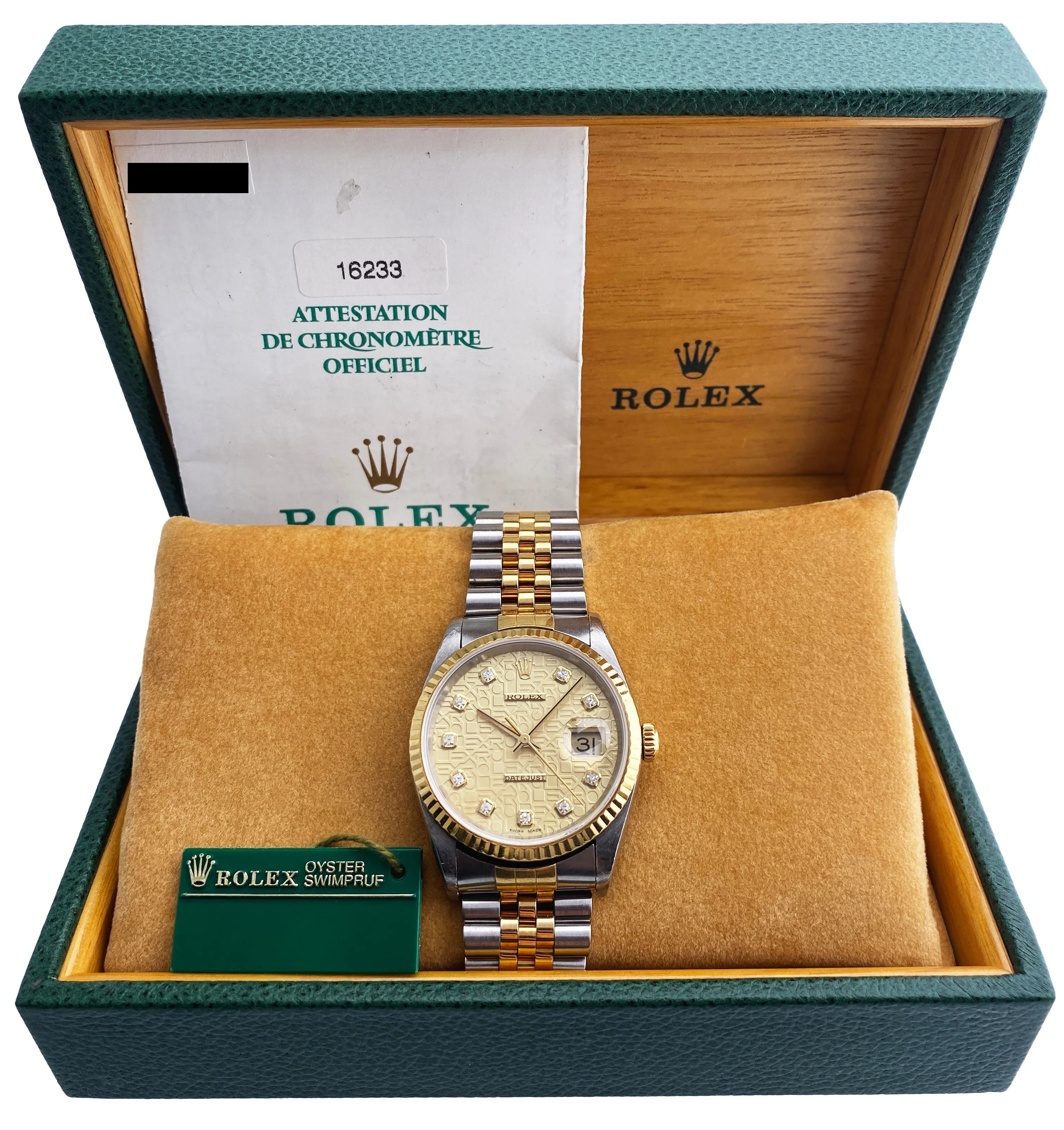 Rolex Datejust 16233 Anniversary Diamond Dial Mens Watch Box Papers