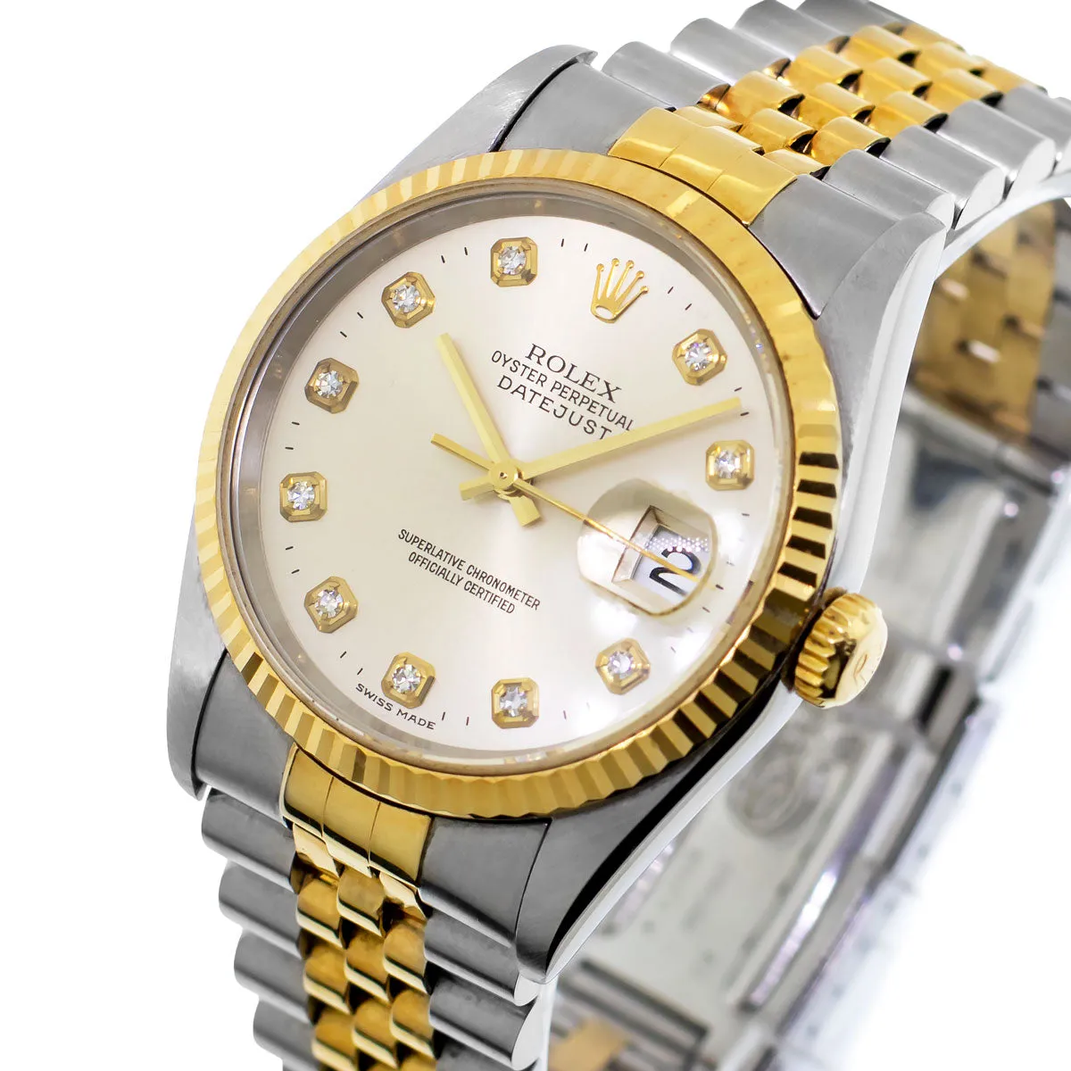 Rolex Datejust 36mm Yellow Gold Steel Silver Diamond Dial Fluted Bezel 16233