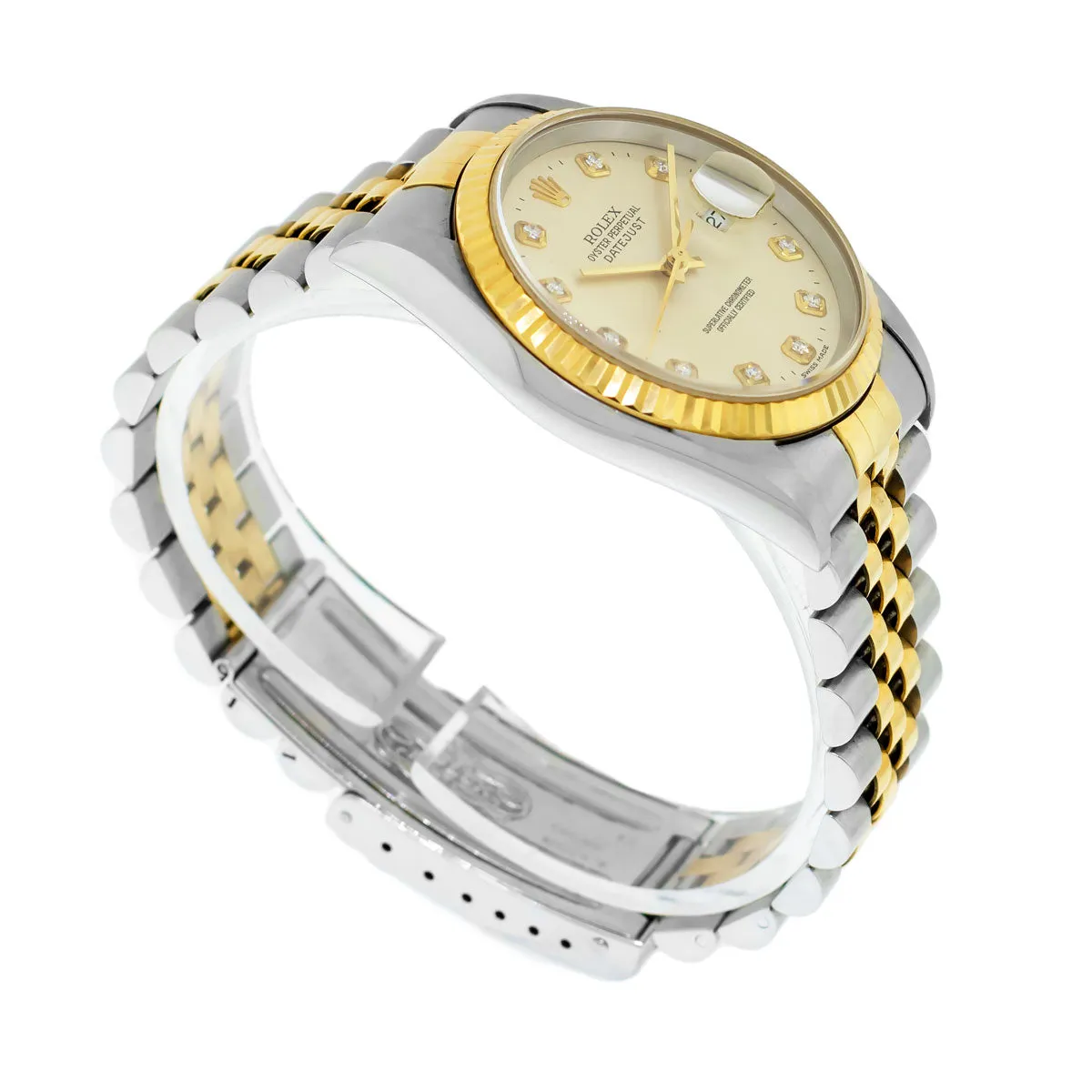 Rolex Datejust 36mm Yellow Gold Steel Silver Diamond Dial Fluted Bezel 16233