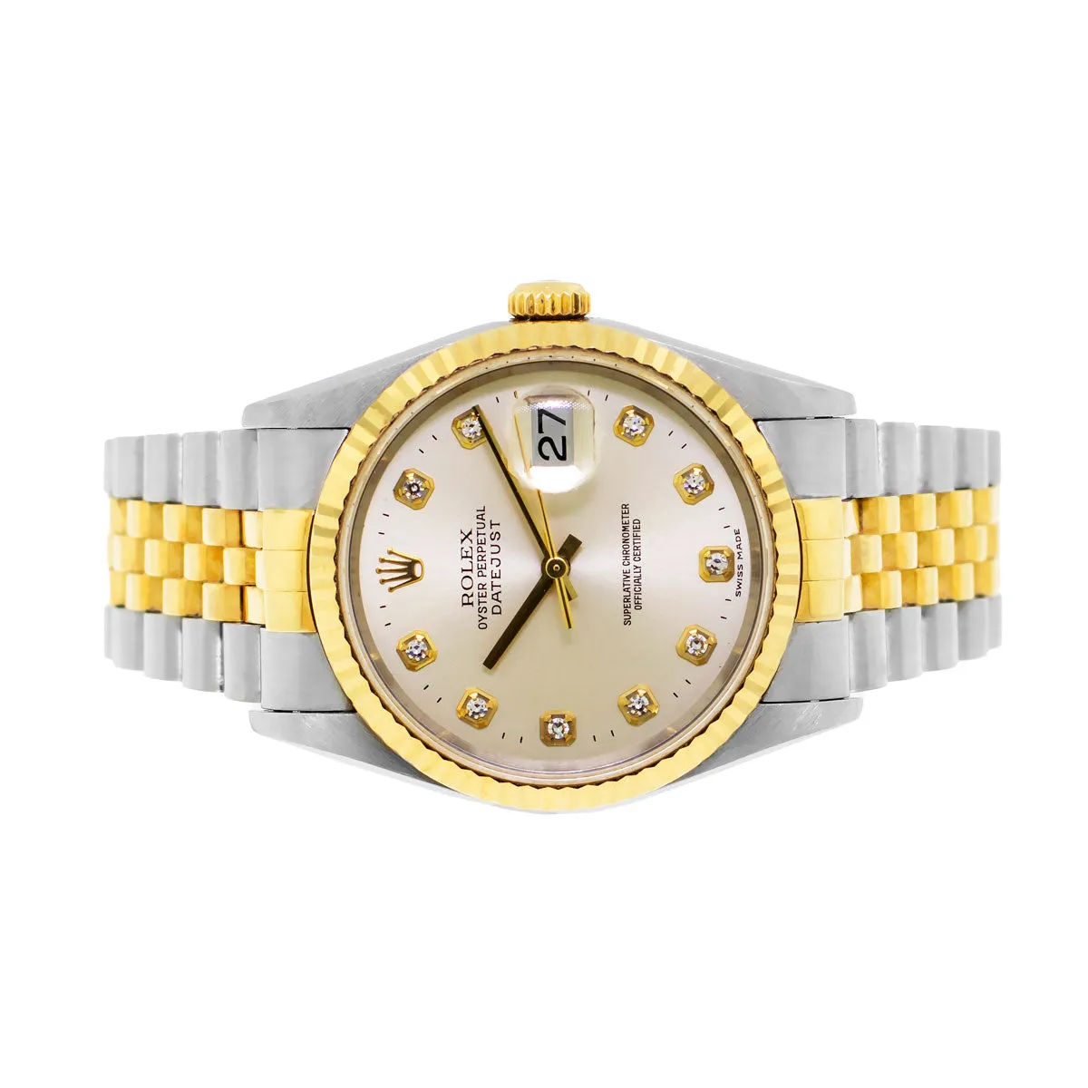 Rolex Datejust 36mm Yellow Gold Steel Silver Diamond Dial Fluted Bezel 16233