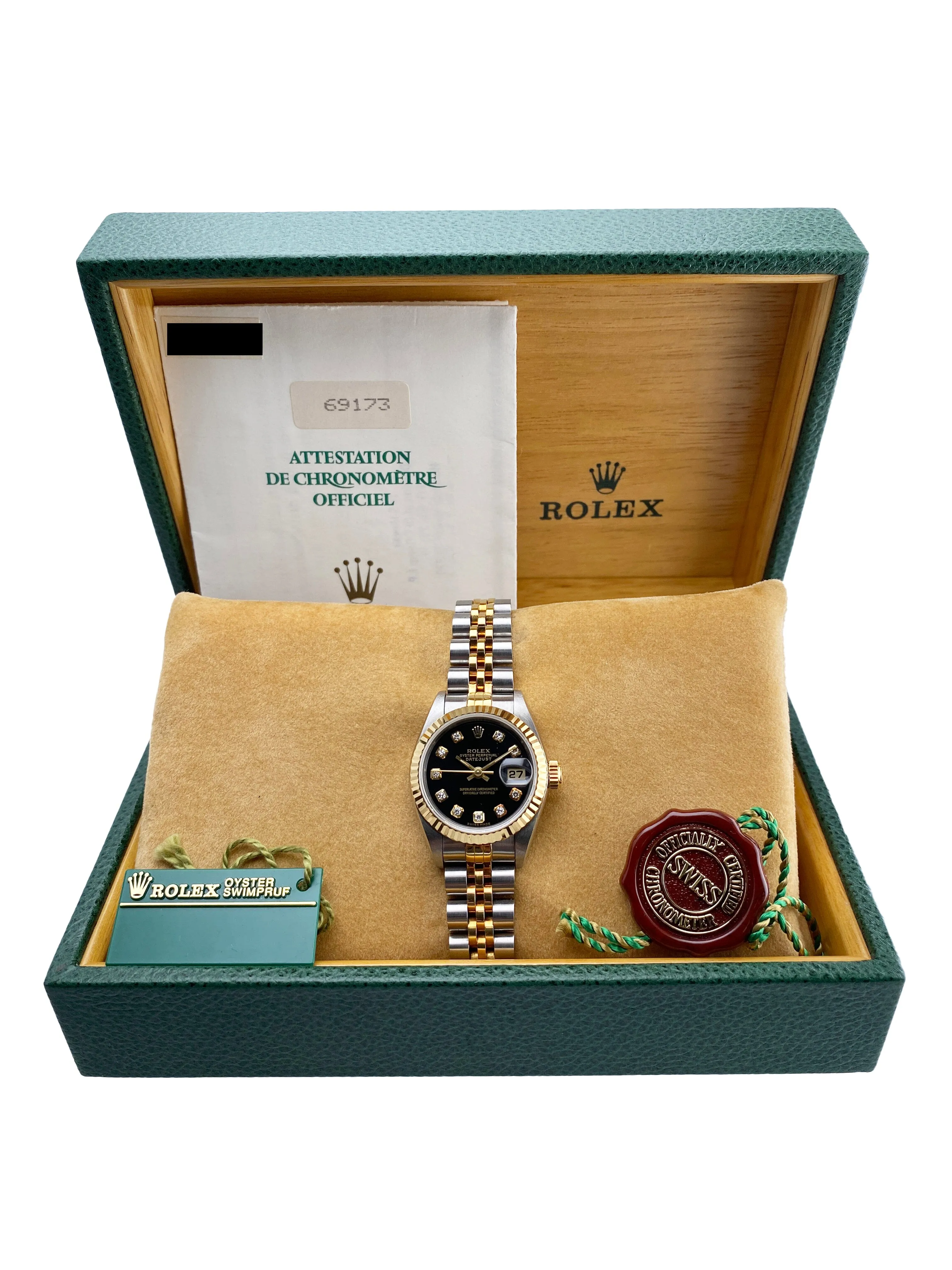 Rolex Datejust 69173 Diamond Black Dial Ladies Watch Box Papers