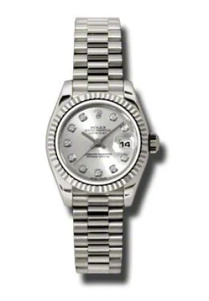 Rolex Lady-Datejust 26 Silver Dial 18K White Gold President Automatic Ladies Watch 179179SDP