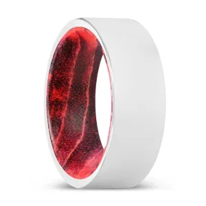 RONALD | Black & Red Wood, Silver Tungsten Ring, Shiny, Flat