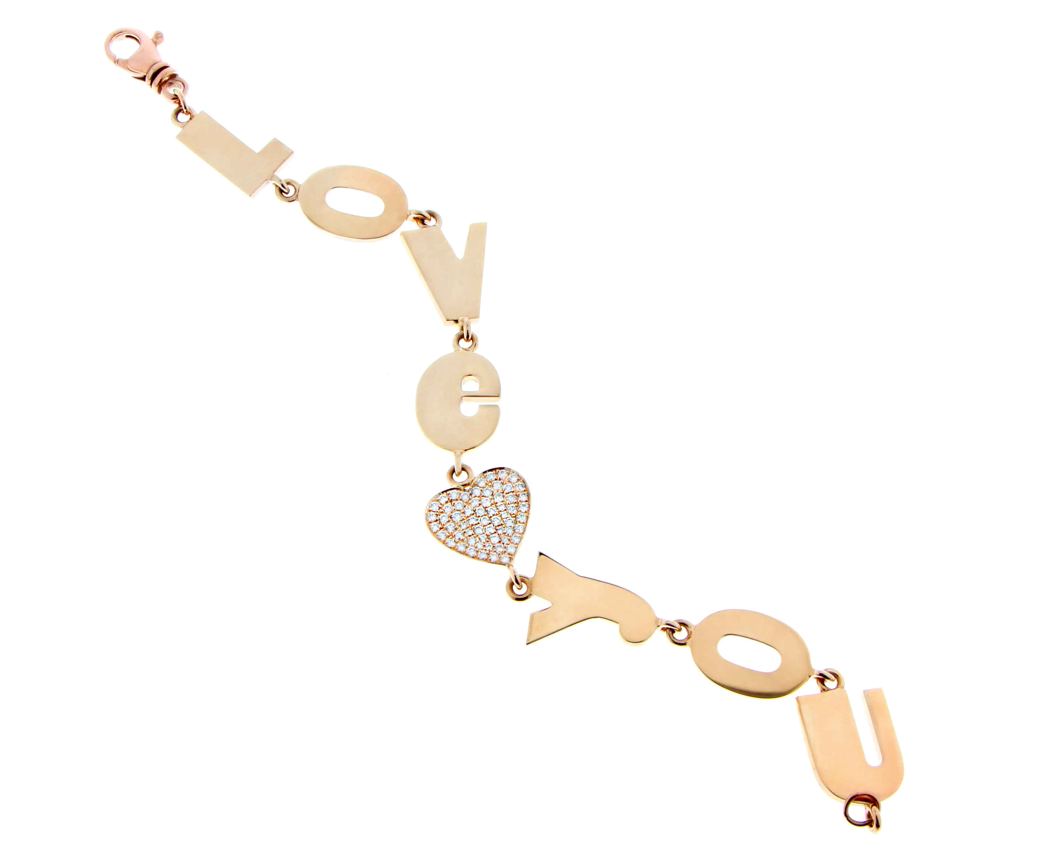 Rose gold LOVE YOU bracelet with a diamond heart