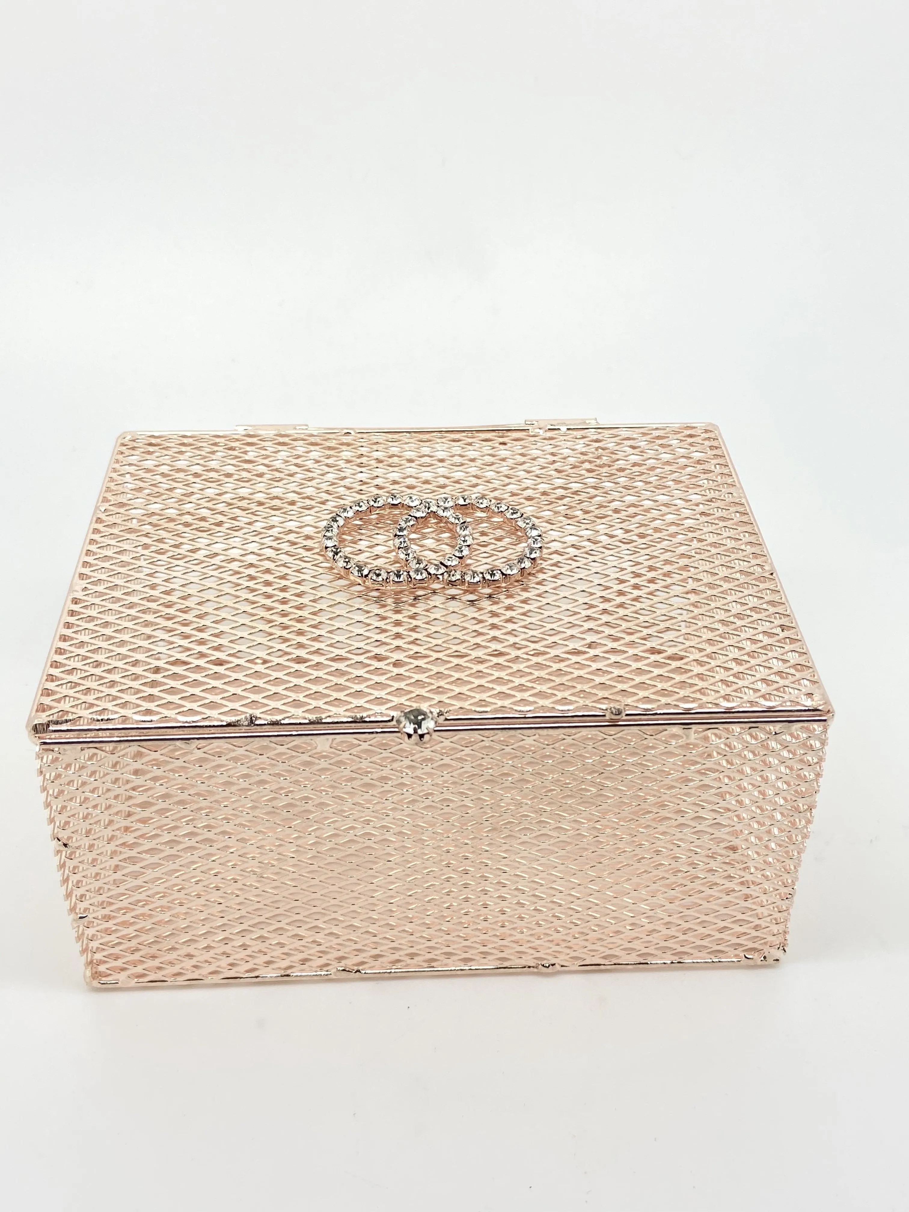 Rose Gold Mesh Box with Rhinestone Wedding Rings