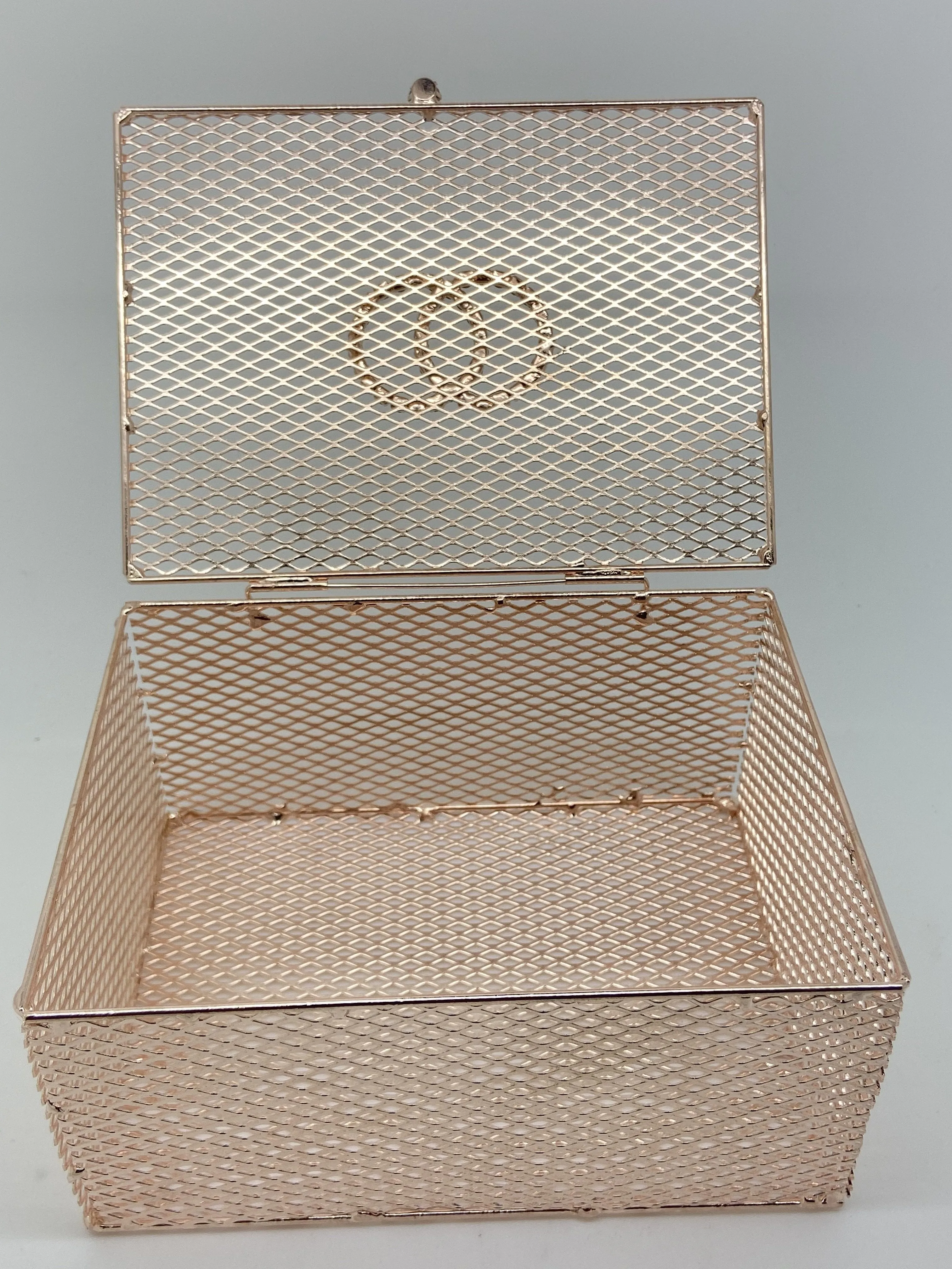 Rose Gold Mesh Box with Rhinestone Wedding Rings