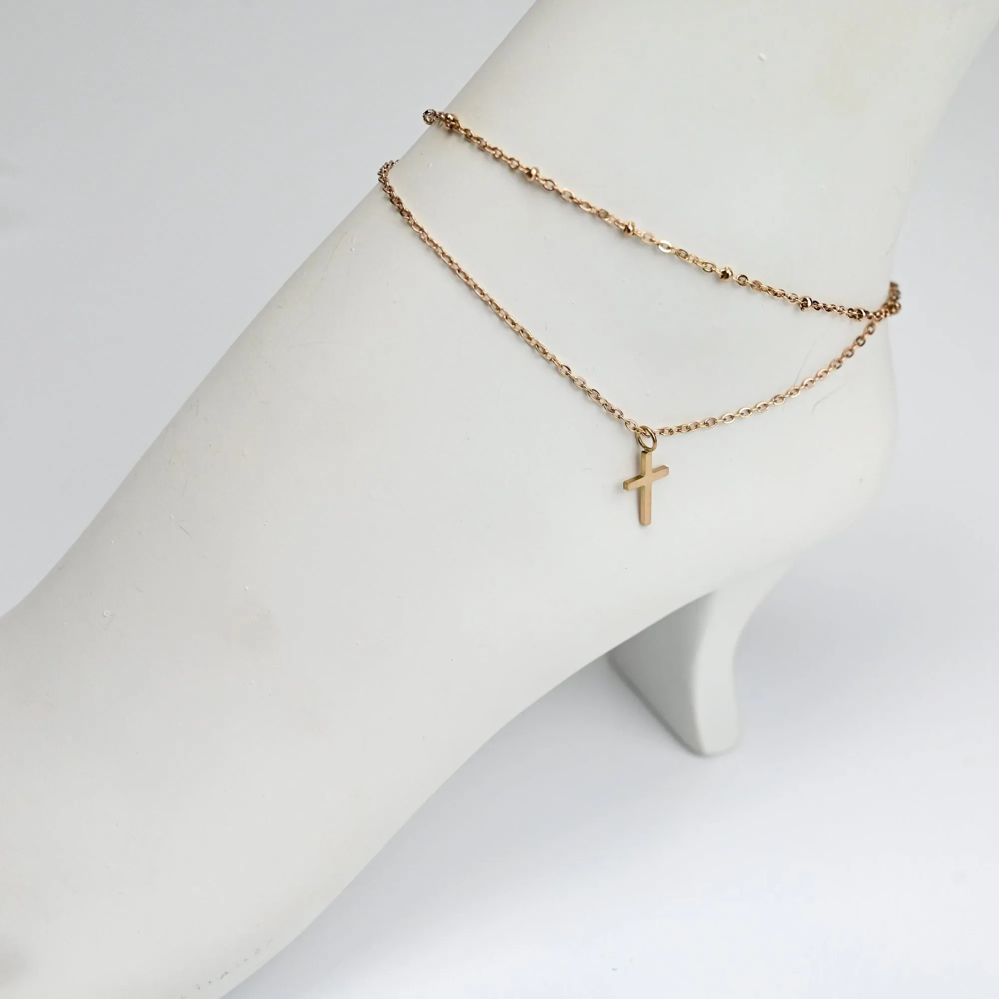Rose Gold Tone Cross Dangle Double Wrap Stainless Steel Ankle Bracelet