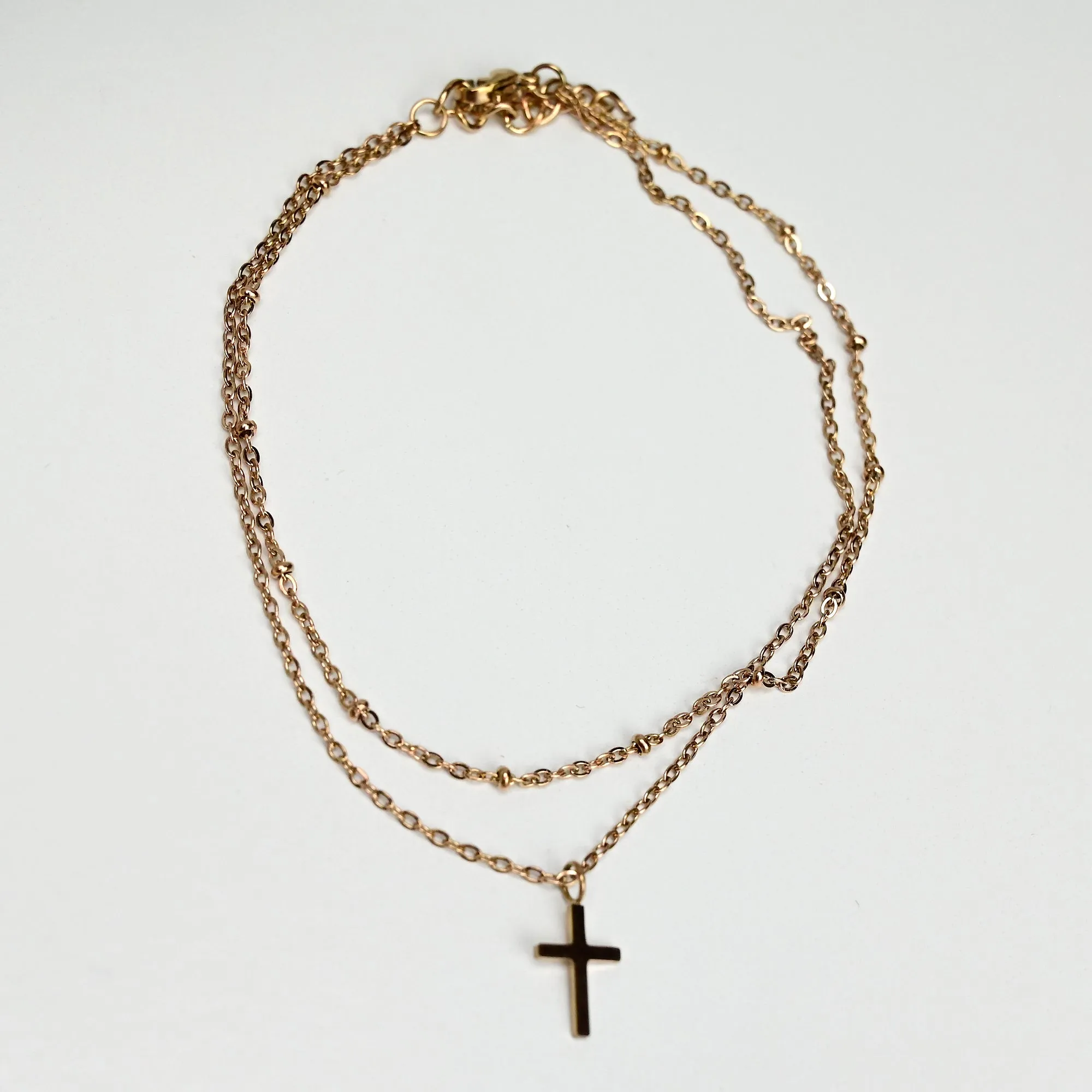 Rose Gold Tone Cross Dangle Double Wrap Stainless Steel Ankle Bracelet
