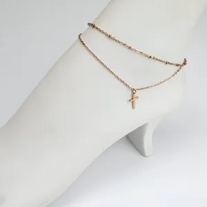 Rose Gold Tone Cross Dangle Double Wrap Stainless Steel Ankle Bracelet