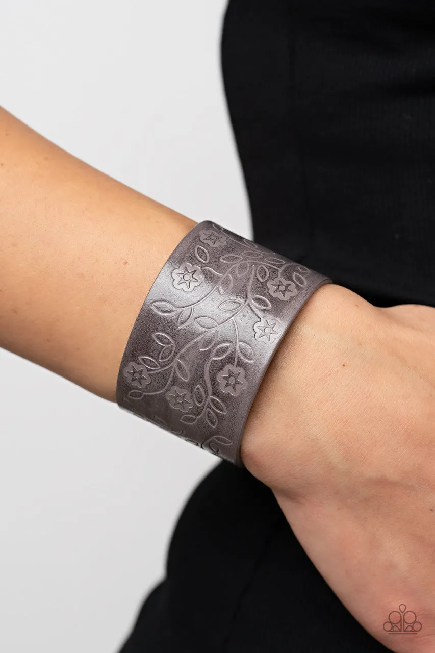 Rosy Wrap Up - Silver - Rose Flower Gray Leather Urban Paparazzi Wrap Bracelet