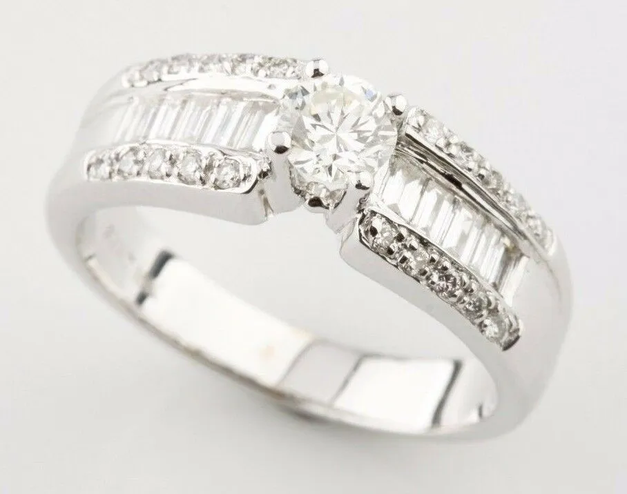 Round Brilliant Diamond 18k White Gold Solitaire Ring w/ Accents Size 6.5
