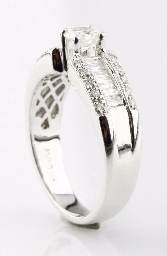 Round Brilliant Diamond 18k White Gold Solitaire Ring w/ Accents Size 6.5