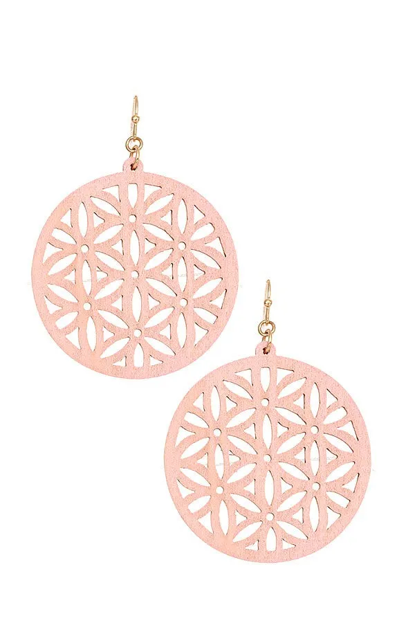 Round Floral Wood Cut Out Drop Earrings