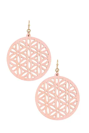 Round Floral Wood Cut Out Drop Earrings
