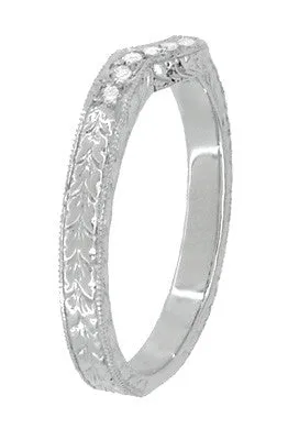 Royal Crown Curved Diamond Engraved Wedding Band in 14K or 18K White Gold