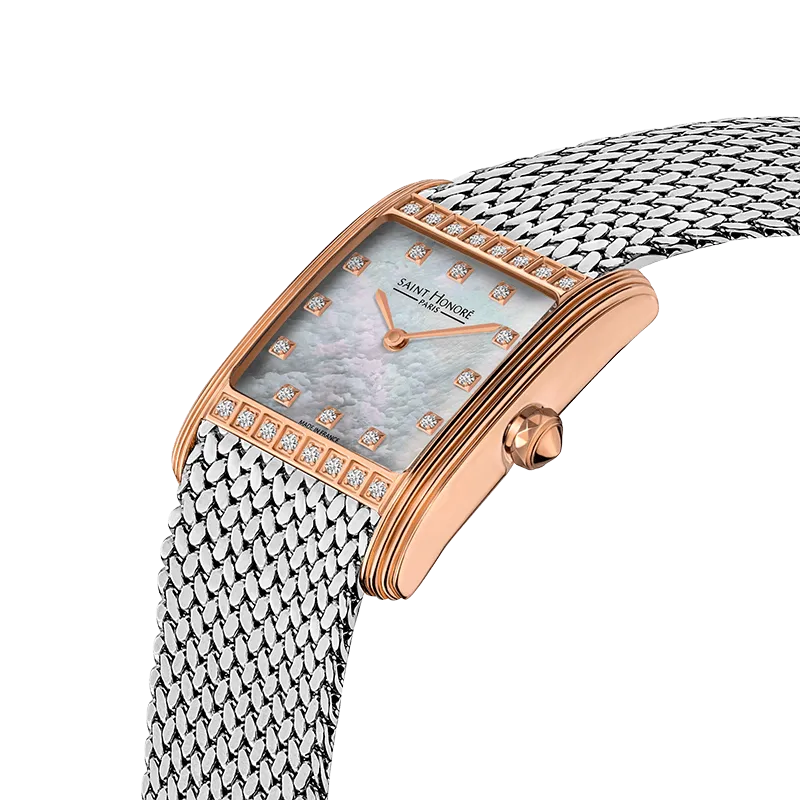 Saint Honore Palais Royal Women's White MOP Dial Rose Gold Case with Diamonds Silver Mesh Blacelet Watch