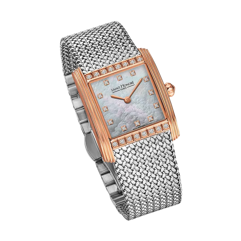 Saint Honore Palais Royal Women's White MOP Dial Rose Gold Case with Diamonds Silver Mesh Blacelet Watch