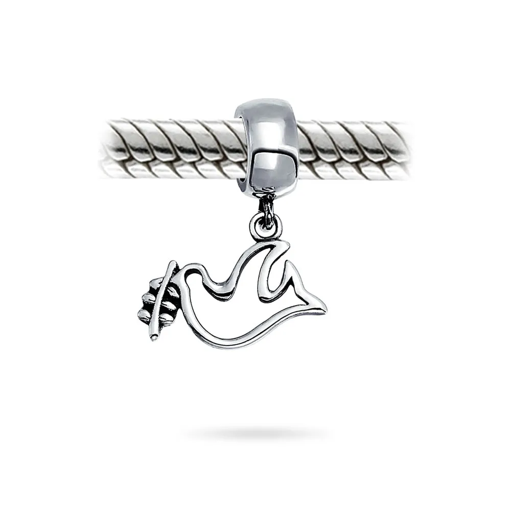 Set of 2 Inspirational World Peace Sign Dove Dangle Charm Bead Sterling Silver