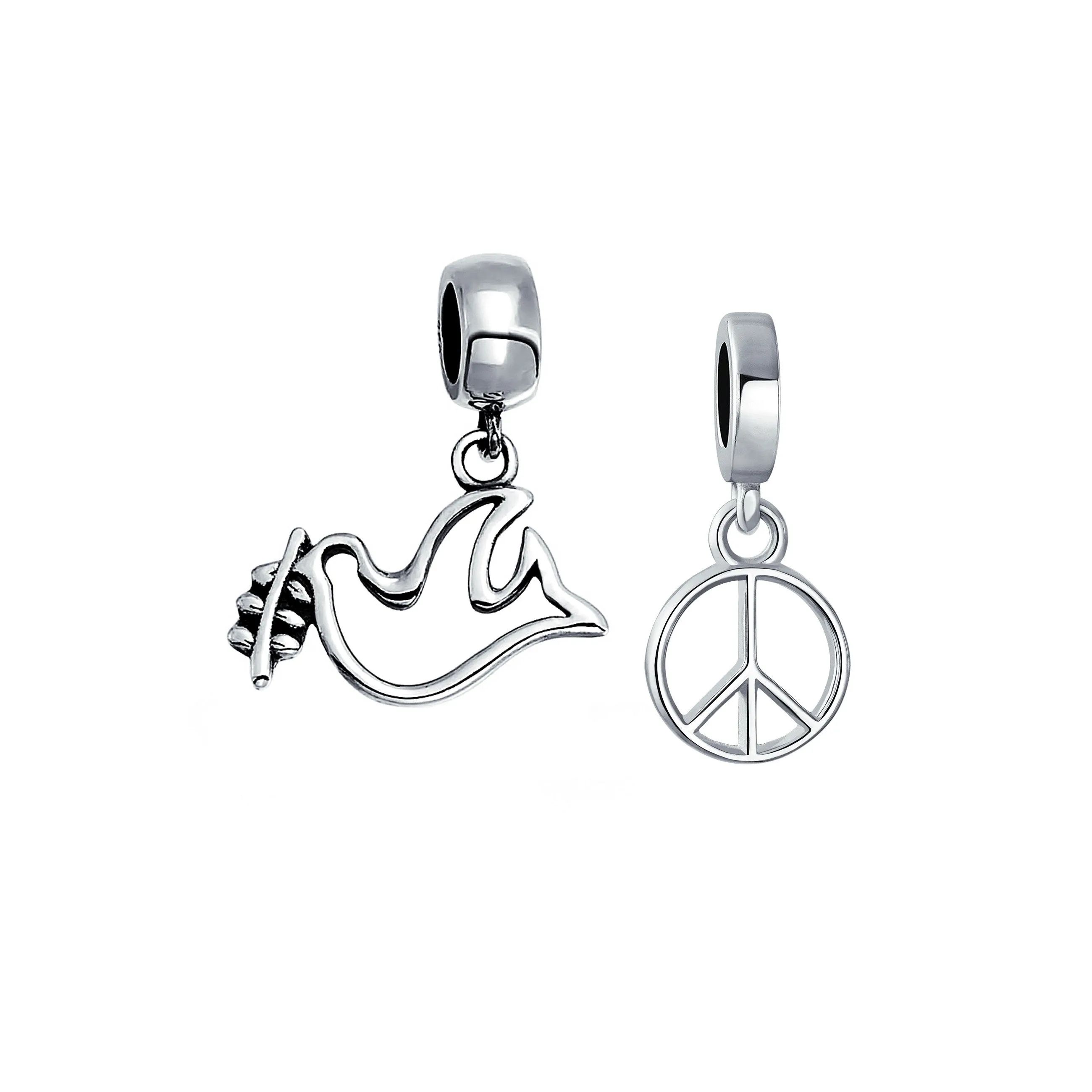 Set of 2 Inspirational World Peace Sign Dove Dangle Charm Bead Sterling Silver