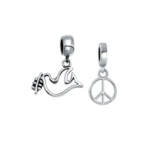 Set of 2 Inspirational World Peace Sign Dove Dangle Charm Bead Sterling Silver