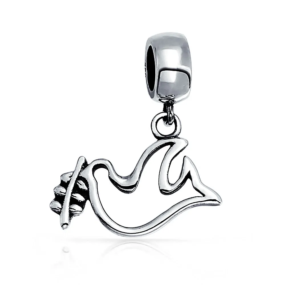 Set of 2 Inspirational World Peace Sign Dove Dangle Charm Bead Sterling Silver