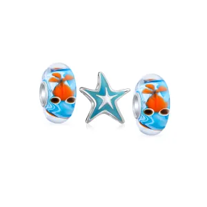 Set of 3 Nautical Travel Beach Blue Starfish & Cartoon Fish Glass Charm Bead