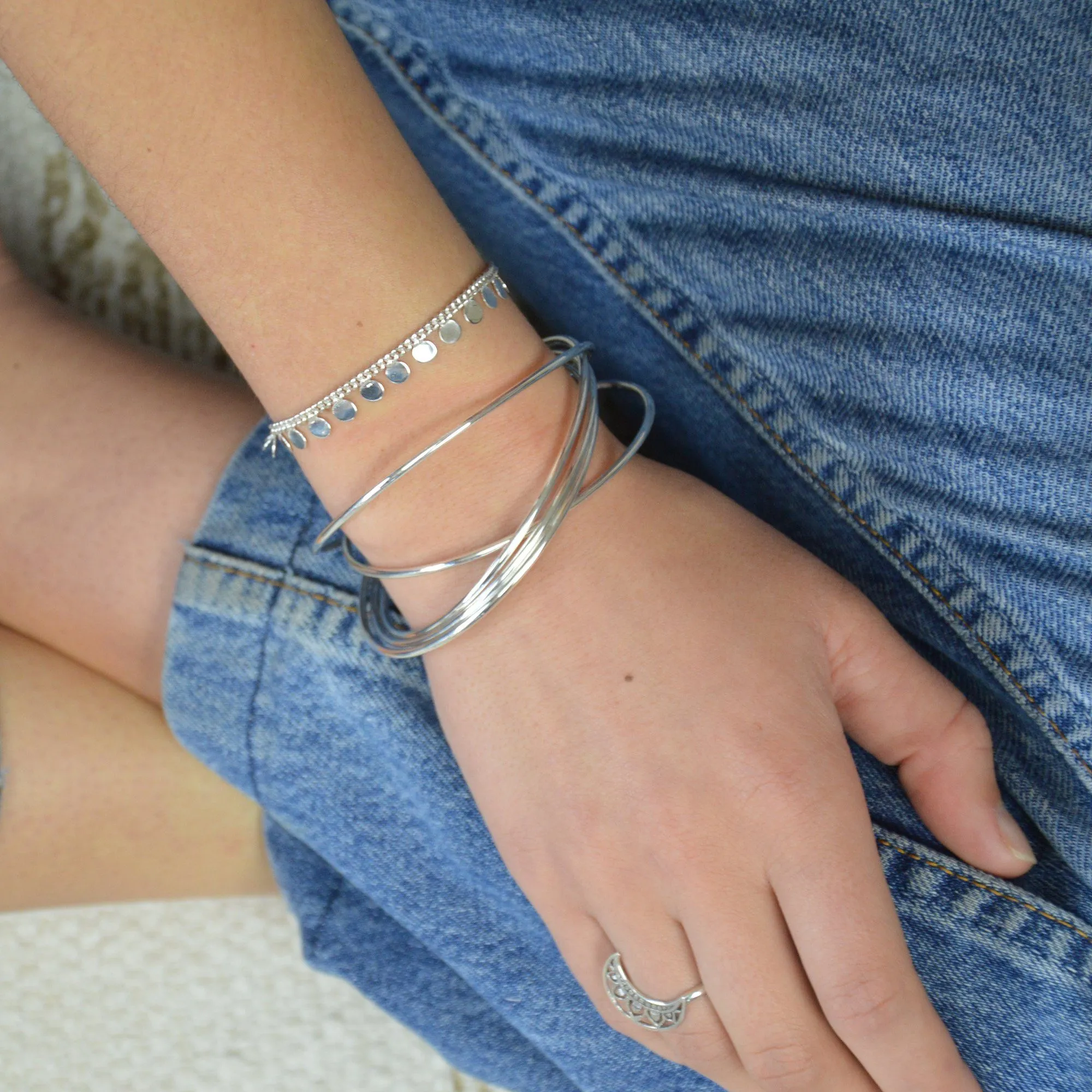 Set of Five Sterling Silver Linked Bracelets
