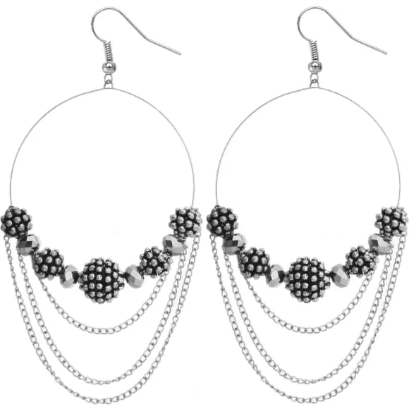 Silver Beaded Studded Chain Hoop Earrings