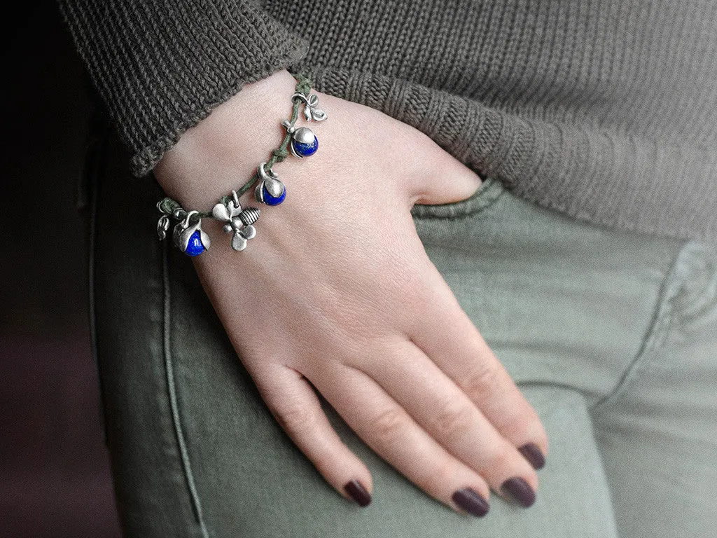 Silver Bracelet with Lapis Lazuli, Flower and Bee Charms